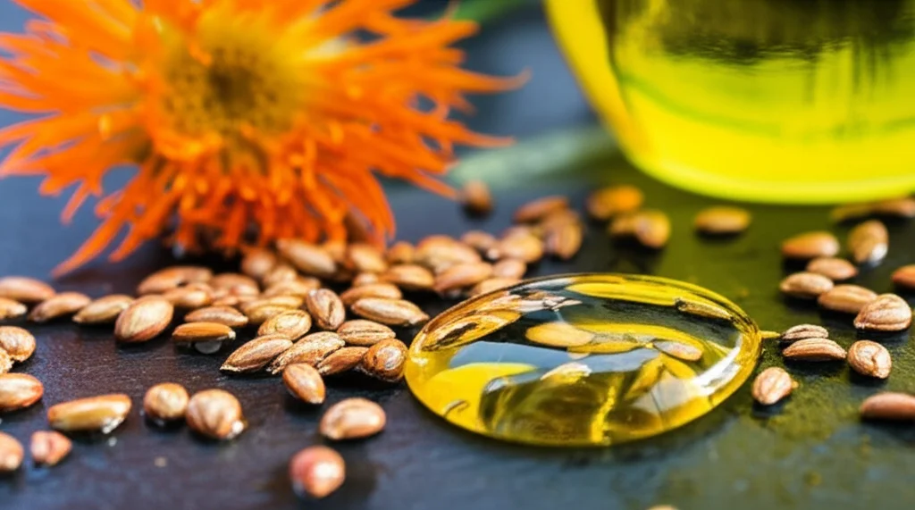 Un'immagine macro ad alta definizione di luminosi semi di cartamo e gocce dorate di olio di cartamo su una superficie scura e testurizzata, con un fiore di cartamo arancione brillante parzialmente a fuoco sullo sfondo. Lente macro 105mm, illuminazione controllata per esaltare texture e colori, focus preciso sui semi e sull'olio.