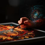 Un'intelligenza artificiale visualizzata come una scultura di luce dinamica e colorata che interagisce con un pennello digitale, creando un'opera d'arte astratta su una tela virtuale. Obiettivo prime 35mm, film noir per contrasti elevati, profondità di campo per mettere a fuoco l'interazione tra IA e pennello.