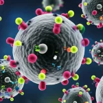 Visualizzazione 3D di nanoparticelle di silice funzionalizzate con gruppi SO3H (nano-SiO2-SO3H) che agiscono come catalizzatori in una reazione chimica, con molecole che interagiscono sulla loro superficie. Obiettivo macro 90mm, alta definizione, illuminazione da studio per evidenziare la texture e la complessità delle nanoparticelle.