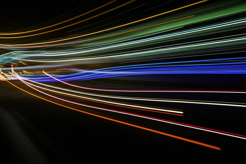 Wide-angle lens, 15mm, long exposure, sharp focus, raffigurante una rappresentazione astratta e stilizzata di un'onda epidemica che si propaga attraverso un paesaggio oscuro. Linee luminose indicano i percorsi dell'infezione, creando un senso di movimento dinamico e interconnessione globale.