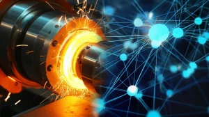 A dynamic split-image: one half showing a close-up macro shot (100mm lens) of a rotary friction weld glowing orange at the interface with sparks, high detail; the other half depicting an abstract representation of an ANFIS neural network with glowing nodes and connections, 24mm wide-angle, blue and grey duotones, depth of field.