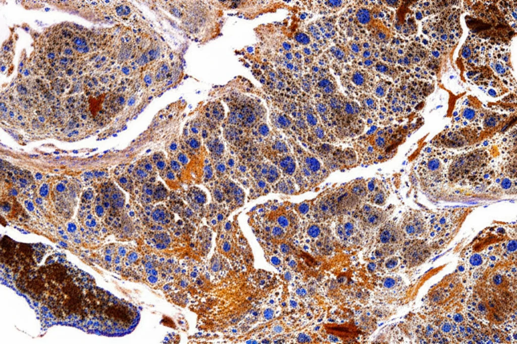 A high-detail macro photograph (100mm) showing a colorful, spatially mapped human lymphoid tissue section with different immune cell types highlighted, representing single-cell resolution mapping of the immune landscape.