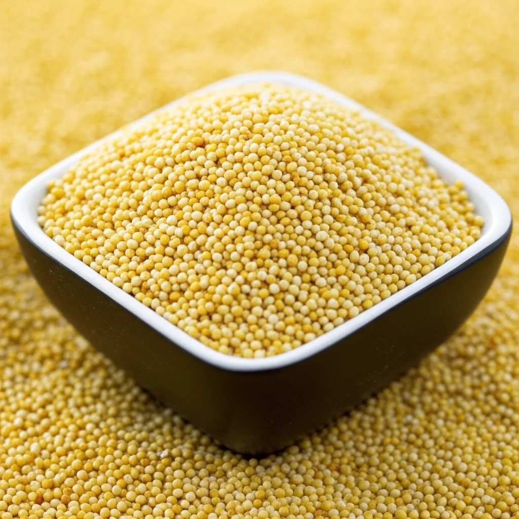 Chicchi di miglio panico crudo e cotto affiancati, con una ciotola di miglio lavorato idrotermicamente che mostra una texture invitante. Macro lens, 100mm, high detail, precise focusing, controlled lighting per esaltare le differenze e la qualità del prodotto finale.