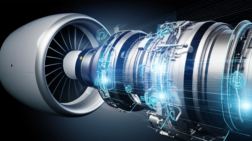 Close-up of aircraft engine components integrated with digital data streams, 60mm Macro lens, high detail, precise focusing.
