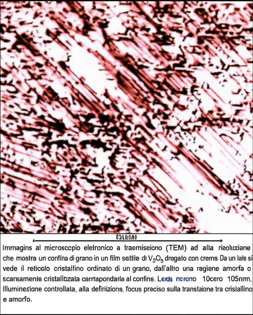 Immagine al microscopio elettronico a trasmissione (TEM) ad alta risoluzione che mostra un confine di grano in un film sottile di V2O3 drogato con cromo. Da un lato si vede il reticolo cristallino ordinato di un grano, dall'altro una regione amorfa o scarsamente cristallizzata corrispondente al confine. Lente macro 105mm, illuminazione controllata, alta definizione, focus preciso sulla transizione tra cristallino e amorfo.