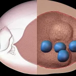 Immagine concettuale di un fegato di pesce stilizzato, metà sano e roseo, metà pallido e ingrossato per l'accumulo di glicogeno, con molecole di betaina che agiscono sulla parte malata. Illuminazione drammatica, focus selettivo, obiettivo macro 80mm, per simboleggiare l'epatopatia glicogenica e l'azione della betaina.