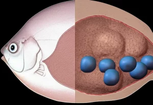 Immagine concettuale di un fegato di pesce stilizzato, metà sano e roseo, metà pallido e ingrossato per l'accumulo di glicogeno, con molecole di betaina che agiscono sulla parte malata. Illuminazione drammatica, focus selettivo, obiettivo macro 80mm, per simboleggiare l'epatopatia glicogenica e l'azione della betaina.
