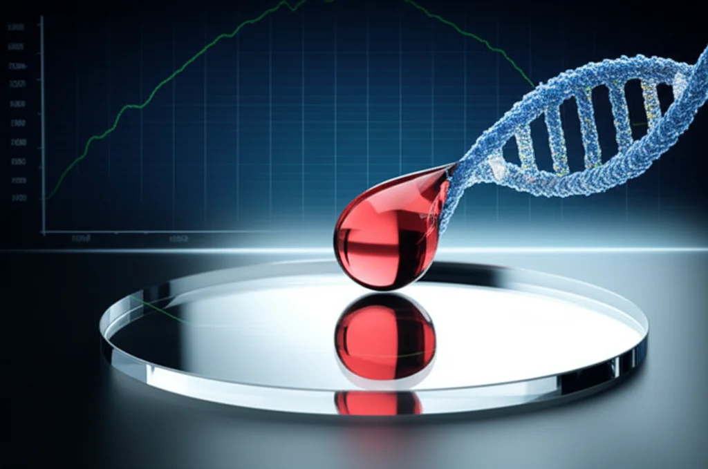 Immagine concettuale fotorealistica di un esame del sangue innovativo. In primo piano, una goccia di sangue su un vetrino da microscopio, con riflessi di strutture molecolari simili al DNA. Sullo sfondo, un grafico astratto che mostra una curva di rilevamento precoce di una malattia in forte crescita, simboleggiando l'efficacia del test. Illuminazione da studio, obiettivo macro 100mm per dettaglio sulla goccia, sfondo leggermente sfocato per dare profondità.