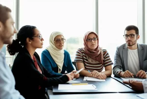 Immagine fotorealistica che simboleggia l'educazione sanitaria inclusiva: un gruppo diversificato di persone, alcune con ausili visivi o uditivi, partecipa attivamente a una sessione formativa in un ambiente moderno e luminoso. Obiettivo da 35mm, luce naturale diffusa, espressioni concentrate e positive.