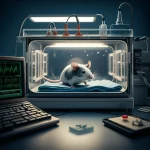 Immagine fotorealistica di un moderno laboratorio di ricerca con un topolino in un setting sperimentale che simula una terapia intensiva, con monitor e attrezzature miniaturizzate. Lente prime, 35mm, profondità di campo, illuminazione da studio.
