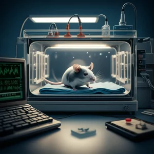 Immagine fotorealistica di un moderno laboratorio di ricerca con un topolino in un setting sperimentale che simula una terapia intensiva, con monitor e attrezzature miniaturizzate. Lente prime, 35mm, profondità di campo, illuminazione da studio.
