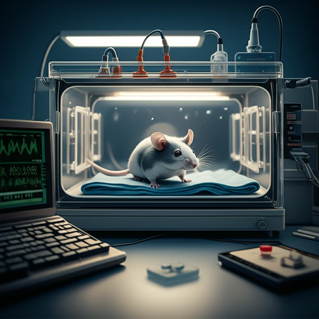 Immagine fotorealistica di un moderno laboratorio di ricerca con un topolino in un setting sperimentale che simula una terapia intensiva, con monitor e attrezzature miniaturizzate. Lente prime, 35mm, profondità di campo, illuminazione da studio.