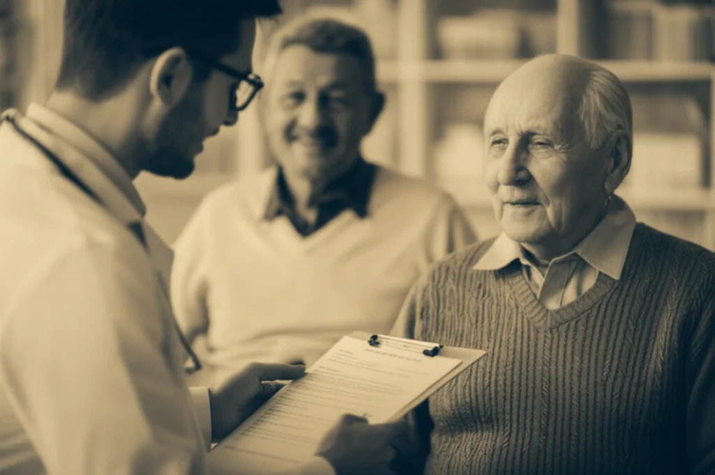 Primo piano di un farmacista attento che esamina una cartella clinica in una casa di riposo, con un residente anziano sorridente sullo sfondo. Prime lens, 35mm, depth of field, illuminazione calda e accogliente, duotone seppia e blu scuro.