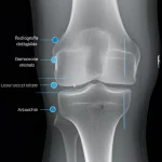 Radiografia dettagliata di un'articolazione del ginocchio che mostra segni iniziali di artrosi, con sovrapposizioni grafiche digitali che indicano i punti di misurazione biometrica, obiettivo macro 100mm, alta definizione, illuminazione da studio.