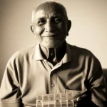 Un anziano sorridente tiene in mano un portapillole ben organizzato, con una luce calda che illumina il suo volto sereno, simbolo di una ritrovata aderenza terapeutica. 35mm portrait, duotone seppia e crema, profondità di campo.