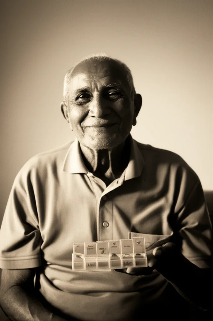 Un anziano sorridente tiene in mano un portapillole ben organizzato, con una luce calda che illumina il suo volto sereno, simbolo di una ritrovata aderenza terapeutica. 35mm portrait, duotone seppia e crema, profondità di campo.