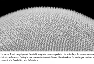 Un array di microaghi porosi flessibili, adagiato su una superficie che imita la pelle umana, mostrando la sua capacità di conformarsi. Dettaglio macro con obiettivo da 90mm, illuminazione da studio per esaltare la porosità e la flessibilità, alta definizione.