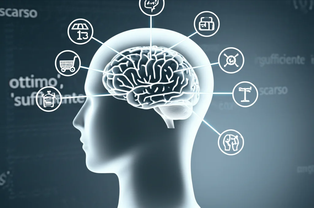 Un cervello stilizzato e luminoso al centro, da cui si diramano connessioni verso icone che rappresentano diversi criteri di scelta (es. un'icona per il costo, una per la qualità, una per il rischio). Alcune connessioni sono più spesse o luminose di altre, a simboleggiare pesi diversi. Sullo sfondo, termini linguistici sfocati come 'ottimo', 'sufficiente', 'scarso'. Prime lens, 24mm, depth of field, duotone blu e argento.