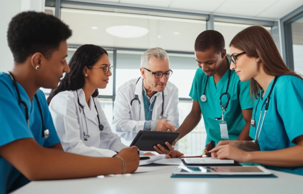 Un team di infermieri e un supervisore in un ambiente ospedaliero luminoso e moderno, che collaborano attivamente attorno a un tavolo con un tablet, discutendo idee innovative. Fotografia di ritratto di gruppo, obiettivo da 35mm, con una leggera profondità di campo per evidenziare l'interazione.