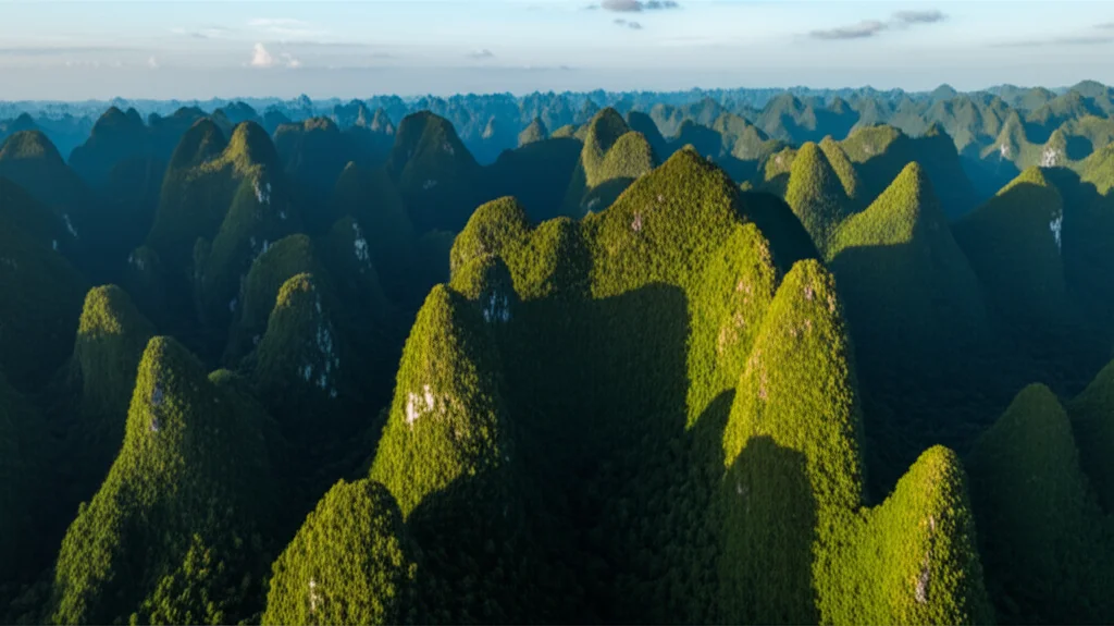 Veduta aerea mozzafiato del paesaggio carsico di Libao-Huanjiang, con innumerevoli picchi conici ricoperti da una lussureggiante vegetazione forestale. Obiettivo grandangolare da drone, 24mm, luce del tardo pomeriggio che crea lunghe ombre e accentua la tridimensionalità del terreno, cielo limpido con qualche nuvola sparsa.