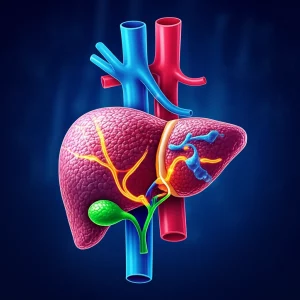 Visualizzazione artistica di un fegato umano stilizzato con percorsi biochimici luminosi che vengono 'silenziati' da molecole di siRNA (Givosiran), simboleggiando il trattamento della Porfiria Epatica Acuta, colori vibranti su sfondo scuro, alta definizione.