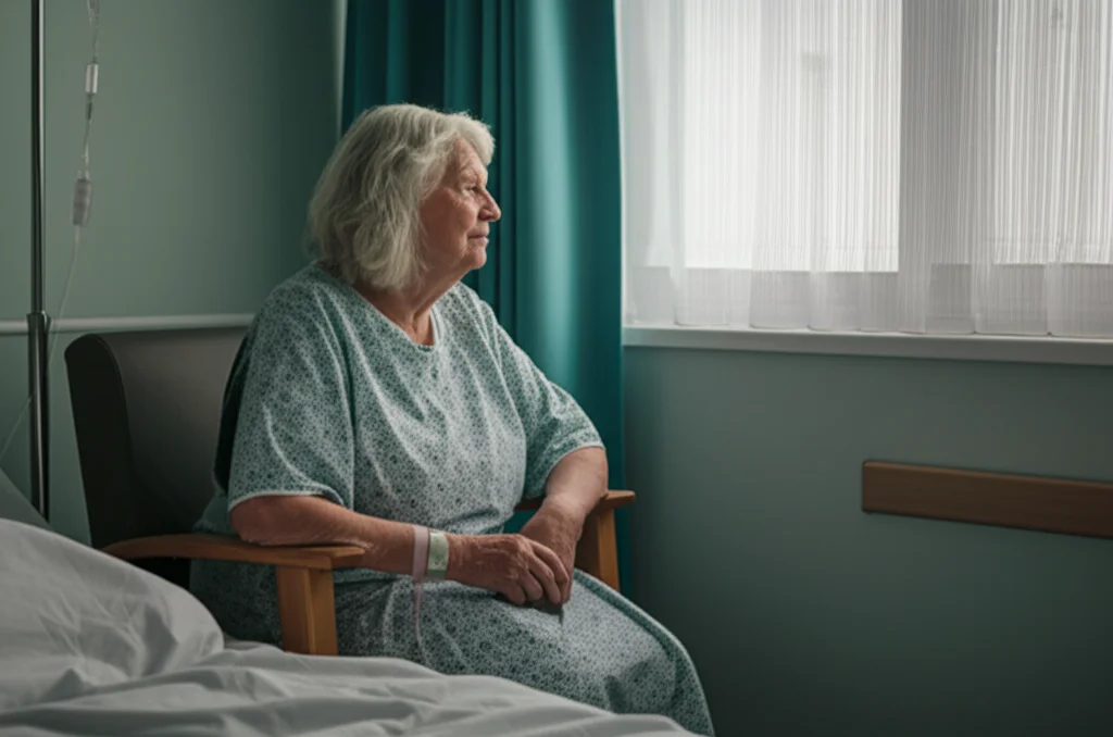 An older person sitting in a hospital room chair, looking out the window, 35mm portrait, depth of field, muted hospital colors, representing the sedentary reality of geriatric patients.