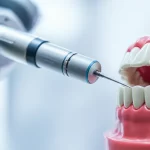 Close-up, lenti macro 85mm, di un braccio robotico sofisticato con un trapano dentale posizionato con precisione su un modello di mascella umana, illustrando la chirurgia dentale assistita da robot. Dettagli elevati, illuminazione controllata, profondità di campo superficiale focalizzati sulla punta del trapano e sui dettagli intricati del meccanismo robotico.