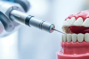 Close-up, lenti macro 85mm, di un braccio robotico sofisticato con un trapano dentale posizionato con precisione su un modello di mascella umana, illustrando la chirurgia dentale assistita da robot. Dettagli elevati, illuminazione controllata, profondità di campo superficiale focalizzati sulla punta del trapano e sui dettagli intricati del meccanismo robotico.