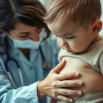Il medico pediatrico che esamina delicatamente l'addome di un bambino in un ambiente clinico, il bambino sembra leggermente scomodo ma calmo, lente prime 35 mm, colori duotoni caldi e rassicuranti come blu morbido e grigio caldo, profondità di campo superficiale incentrato sull'interazione tra medico e bambino.