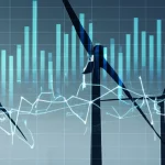 Immagine fotorealistica di turbine eoliche stilizzate sovrapposte a grafici di dati complessi sulla velocità del vento, con linee luminose che rappresentano l'analisi AI, obiettivo 35mm, profondità di campo, toni blu e argento duotone.