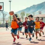 Immagine fotorealistica di un gruppo eterogeneo di bambini e adolescenti cinesi, maschi e femmine, che partecipano con entusiasmo a diverse attività fisiche in un ambiente scolastico all'aperto nella provincia di Qinghai. Alcuni giocano a basket, altri corrono su una pista, altri ancora fanno esercizi di gruppo. L'immagine è scattata con un obiettivo prime da 35mm per un look naturale, con una buona profondità di campo che mantiene a fuoco sia i soggetti in primo piano che quelli leggermente più distanti. La luce è quella brillante ma diffusa di una giornata serena, mettendo in risalto i colori delle divise sportive e l'ambiente circostante che suggerisce l'altitudine della regione.