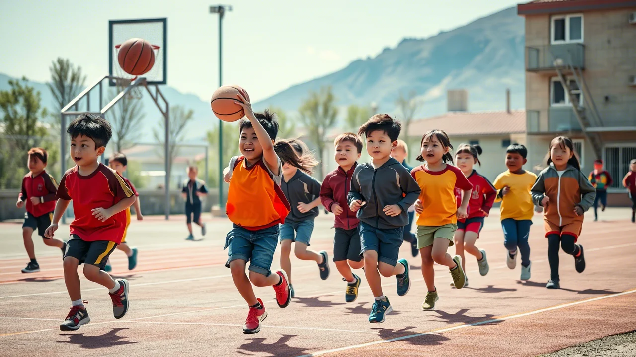 Immagine fotorealistica di un gruppo eterogeneo di bambini e adolescenti cinesi, maschi e femmine, che partecipano con entusiasmo a diverse attività fisiche in un ambiente scolastico all'aperto nella provincia di Qinghai. Alcuni giocano a basket, altri corrono su una pista, altri ancora fanno esercizi di gruppo. L'immagine è scattata con un obiettivo prime da 35mm per un look naturale, con una buona profondità di campo che mantiene a fuoco sia i soggetti in primo piano che quelli leggermente più distanti. La luce è quella brillante ma diffusa di una giornata serena, mettendo in risalto i colori delle divise sportive e l'ambiente circostante che suggerisce l'altitudine della regione.