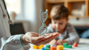 Immagine fotorealistica, obiettivo prime 35mm, che mostra in primo piano la mano di un medico o ricercatore che tiene delicatamente una rappresentazione stilizzata di una doppia elica di DNA, con lo sfondo leggermente sfocato (profondità di campo) che mostra un bambino piccolo che gioca felicemente ma con concentrazione con dei blocchi colorati, luce morbida e calda, atmosfera di speranza e cura.