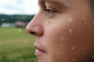 Lence Prime, ritratto da 35 mm, profondità di campo, primo piano del profilo di una persona che respira dolcemente, con una sottile sovrapposizione visiva di batteri microscopici vicino all'area nasale su uno sfondo che suggerisce aria rurale con fattorie lontane.