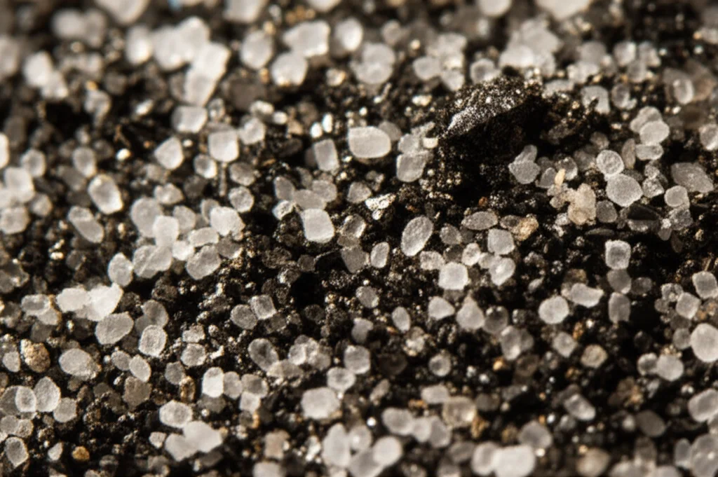 Primo piano di sabbie pesanti contenenti ilmenite, con granuli scuri di ilmenite distinguibili tra i granuli più chiari di quarzo. Macro lens, 90mm, illuminazione controllata per evidenziare la diversa mineralogia, alta definizione, con un leggero bagliore che suggerisce il valore intrinseco.