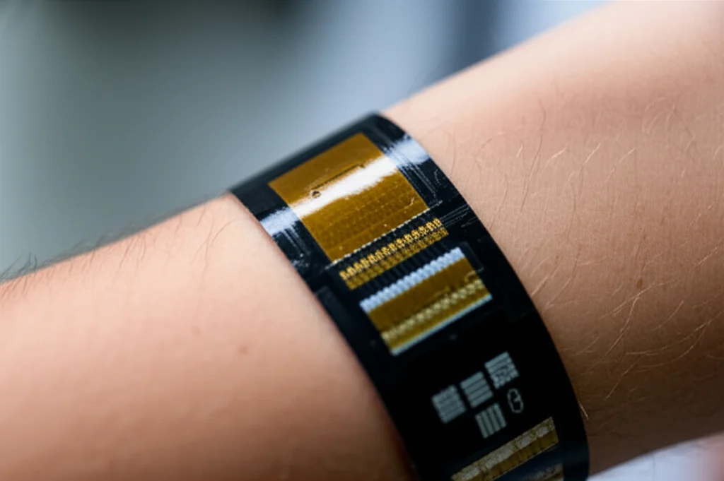 Primo piano di un sensore indossabile futuristico per l'analisi dei gas cutanei, appoggiato delicatamente su un avambraccio, con dettagli high-tech visibili. Obiettivo macro 90mm, illuminazione da studio controllata, alta definizione dei materiali, sfondo leggermente sfocato per concentrare l'attenzione sul dispositivo.