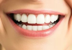 Primo piano di un sorriso radioso e completo grazie a protesi supportate da impianti dentali, macro lens 90mm, alta definizione, illuminazione da studio che evidenzia la naturalezza dei denti.