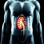 Una silhouette umana trasparente che rivela al suo interno la complessa distribuzione di massa magra (muscoli stilizzati in una tonalità blu vibrante) e diversi tipi di massa grassa (grasso viscerale in rosso intenso attorno agli organi vitali, grasso sottocutaneo in giallo chiaro appena sotto la superficie della pelle). Un rene è particolarmente evidenziato, magari con un leggero bagliore, per simboleggiare la sua importanza. L'illuminazione è drammatica, con luci e ombre che creano profondità, utilizzando un obiettivo prime da 35mm per un effetto cinematografico e una profondità di campo selettiva. Film noir style.