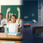 Un'immagine concettuale divisa verticalmente: a sinistra, una scuola moderna e luminosa con studenti asiatici sorridenti che alzano la mano; a destra, la stessa aula scolastica parzialmente sommersa dall'acqua torbida di un'alluvione, con banchi vuoti e libri galleggianti, un bambino solitario guarda fuori dalla finestra. Prime lens, 35mm, depth of field, colori vividi e caldi a sinistra, desaturati e freddi (blu e grigio duotone) a destra per accentuare il contrasto drammatico.