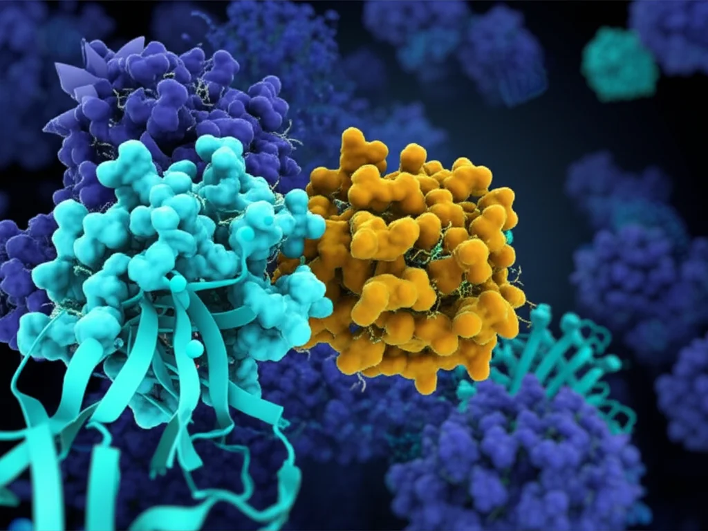 Visualizzazione 3D artistica e fotorealistica dell'interazione tra la proteina BIN1 e G3BP1 all'interno di una cellula tumorale polmonare, con focus sulla struttura molecolare. Obiettivo macro 90mm, illuminazione da studio per dettagli precisi, sfondo scuro per enfatizzare le proteine, effetto depth of field.