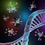 Visualizzazione artistica e fotorealistica del processo di prime editing potenziato dalla doppia inibizione di DNA-PK e Polϴ. Eliche di DNA in primo piano con meccanismi di riparazione cellulare stilizzati e molecole inibitrici. Macro lens, 100mm, high detail, precise focusing, controlled lighting, con un leggero effetto bokeh sullo sfondo per enfatizzare la precisione.