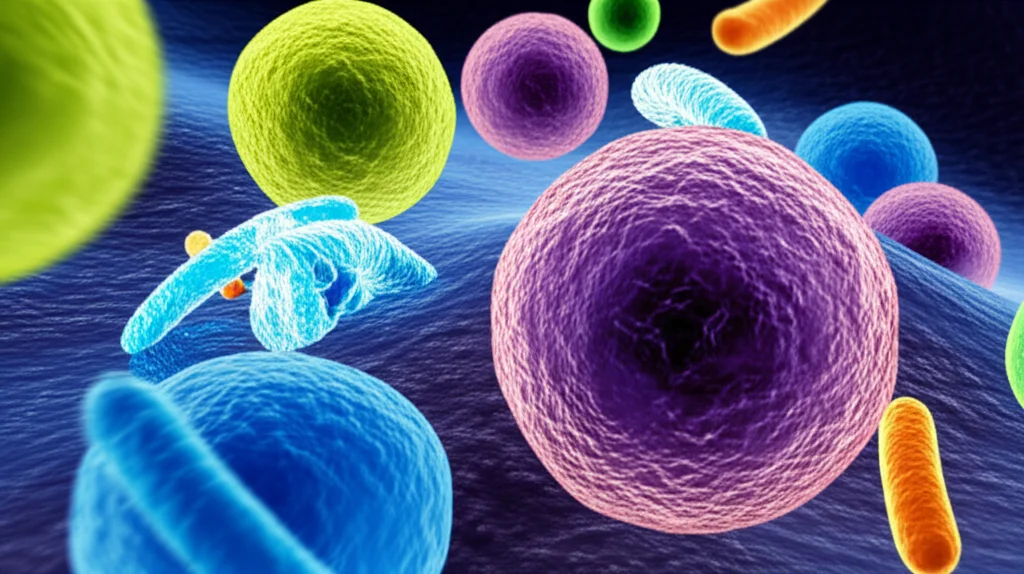 Visualizzazione artistica fotorealistica dell'interazione tra microbiota intestinale (batteri stilizzati in verde e giallo in primo piano sfocato) e sistema immunitario (linfociti T in blu e macrofagi in arancione) che attaccano cellule tumorali (viola scuro) in un microambiente complesso. Obiettivo grandangolare 24mm, profondità di campo che mette a fuoco le cellule immunitarie e tumorali, illuminazione drammatica con fasci di luce, stile cinematografico.