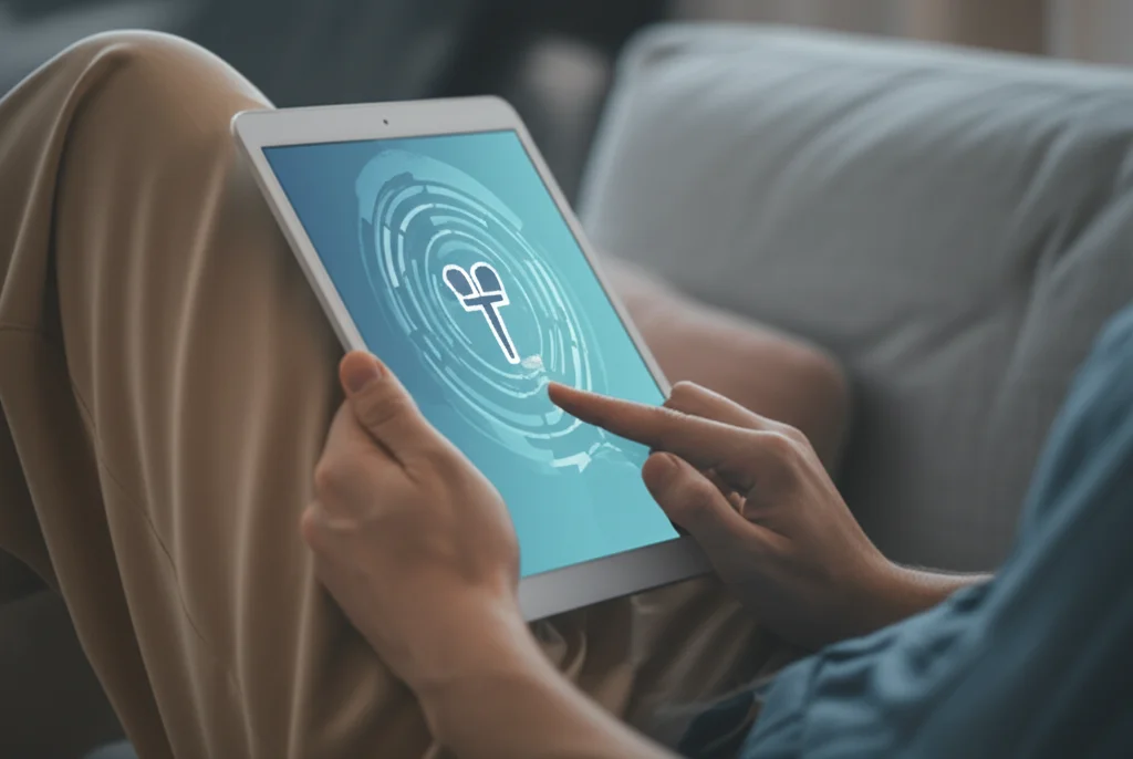 A person comfortably using a tablet at home, receiving medical information digitally. 35mm portrait, depth of field.