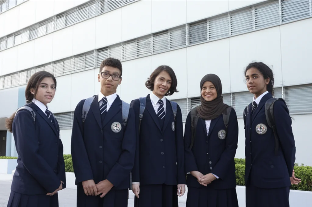 Fotografia realistica di un gruppo eterogeneo di adolescenti (11-18 anni) in uniforme scolastica, in piedi all'esterno di una scuola moderna in Arabia Saudita. Alcuni sorridono, altri hanno espressioni pensierose. Un mix di corporature diverse è visibile. Obiettivo prime 35mm, luce del tardo pomeriggio, profondità di campo che mantiene a fuoco il gruppo principale sfocando leggermente lo sfondo urbano. Stile fotogiornalistico.
