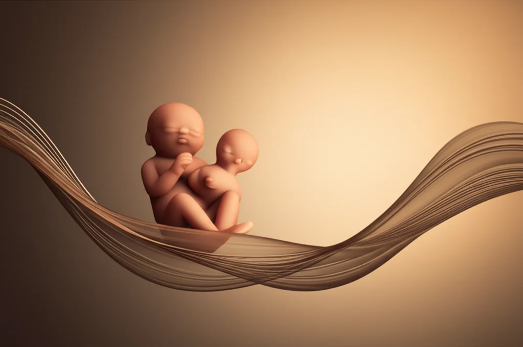 Immagine concettuale astratta che rappresenta le connessioni delicate tra il periodo perinatale (simboleggiato da forme morbide e luminose) e lo sviluppo futuro di un bambino (rappresentato da linee che si diramano). Utilizzo di un obiettivo macro 60mm per dettagli fini, illuminazione controllata e artistica per creare un'atmosfera eterea e suggestiva, alta definizione.