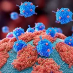 Immagine concettuale fotorealistica di anticorpi monoclonali (mAbs) che interagiscono con la proteina neuraminidasi sulla superficie di un virus influenzale. Dettaglio molecolare, macro lens, 60mm, high detail, precise focusing, controlled lighting, con sfondo di cellule ospiti.