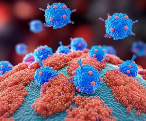 Immagine concettuale fotorealistica di anticorpi monoclonali (mAbs) che interagiscono con la proteina neuraminidasi sulla superficie di un virus influenzale. Dettaglio molecolare, macro lens, 60mm, high detail, precise focusing, controlled lighting, con sfondo di cellule ospiti.