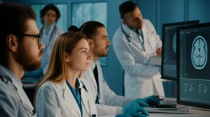 Immagine fotorealistica di un team di ricercatori medici che analizzano immagini di segmentazione su schermi high-tech, con un focus su un'immagine cerebrale dettagliata. Prime lens, 35mm, depth of field, illuminazione da laboratorio high-tech.