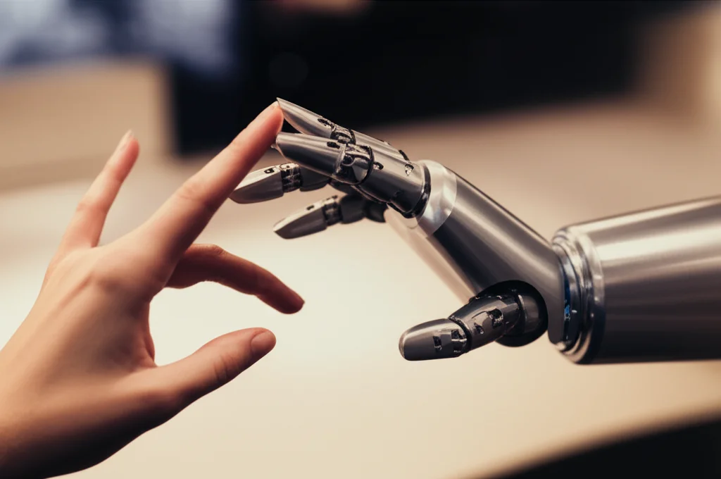 Immagine fotorealistica di una mano umana che tocca delicatamente la mano metallica di un robot umanoide, obiettivo prime 50mm, profondità di campo, luce calda e soffusa, simboleggia l'interazione e la percezione sociale uomo-robot.