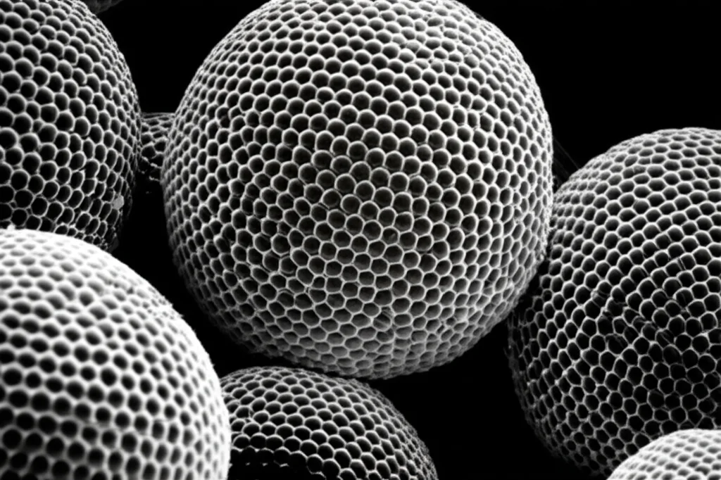 Macro lens, 105mm, High detail, Precise focusing, Controlled lighting, showing spherical nanoparticles of the Fe3O4-SiO2-SD@Pd catalyst on a dark background.